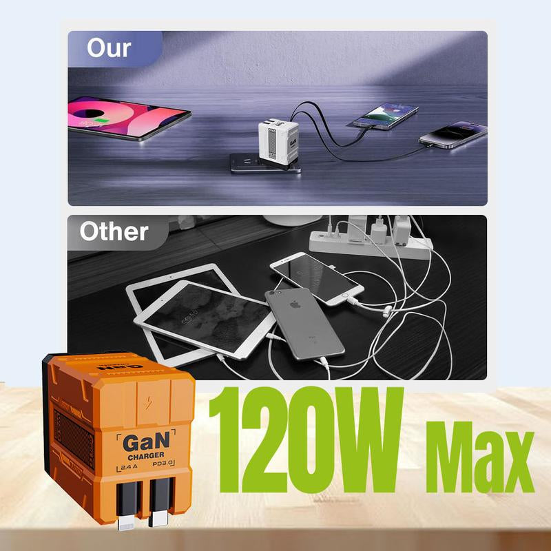 2 in 1 Gan Charger(Type C/Lightning), 120W Compatible Fast Charger, Retractable Wall Charger, Foldable Plug for Iphone, Fast Charging Power Adapter for Smartphone, Travel Universal Plug Fast Charging, Holiday Gift Tech