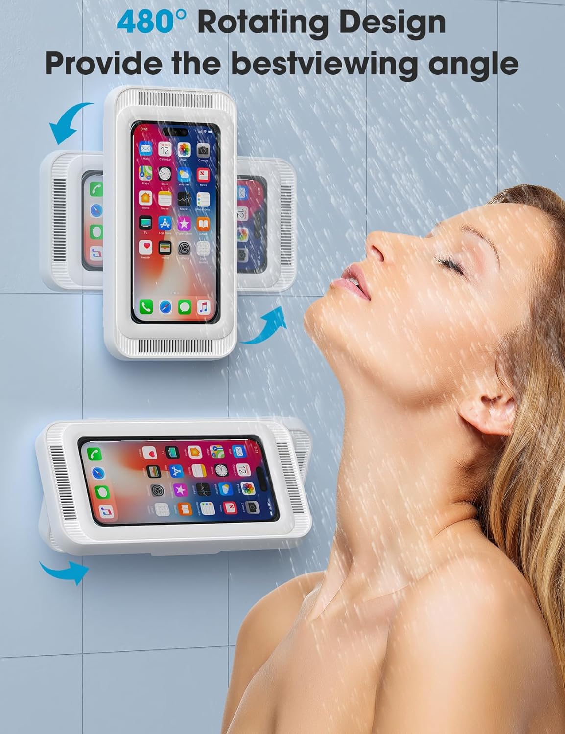 Shower Phone Holder Waterproof, 480°Rotation Shower Phone Case, Wall Phone Mount Stand with Original Sound Quality for Bathroom Wall Mirror Bathtub Kitchen, Compatible with 4-7" Phones