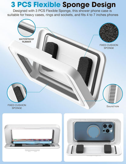 Shower Phone Holder Waterproof, 480°Rotation Shower Phone Case, Wall Phone Mount Stand with Original Sound Quality for Bathroom Wall Mirror Bathtub Kitchen, Compatible with 4-7" Phones