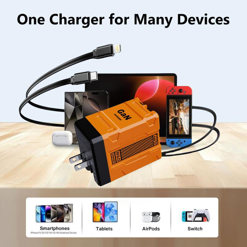2 in 1 Gan Charger(Type C/Lightning), 120W Compatible Fast Charger, Retractable Wall Charger, Foldable Plug for Iphone, Fast Charging Power Adapter for Smartphone, Travel Universal Plug Fast Charging, Holiday Gift Tech