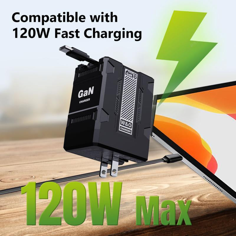 2 in 1 Gan Charger(Type C/Lightning), 120W Compatible Fast Charger, Retractable Wall Charger, Foldable Plug for Iphone, Fast Charging Power Adapter for Smartphone, Travel Universal Plug Fast Charging, Holiday Gift Tech